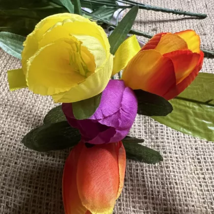 Yellow, purple and orange & yellow tulips with leaves