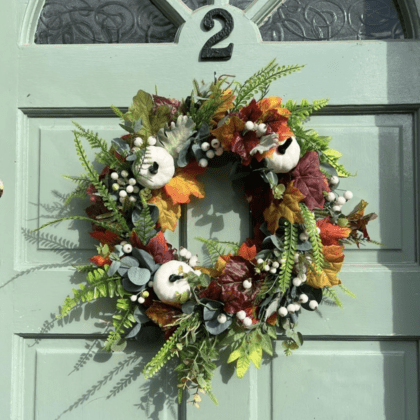 White pumpkin & eucalyptus with white frosted berries